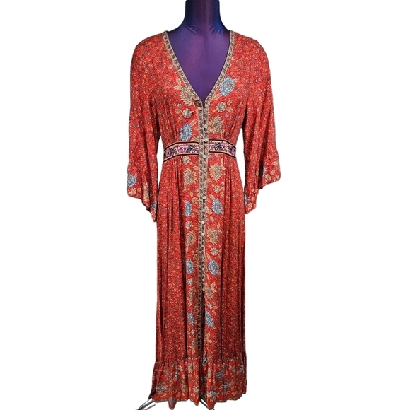 Bali Rattan Red Floral Kimono Maxi Dress Boho Peasant Size Medium‎ Women's - Picture 10 of 10